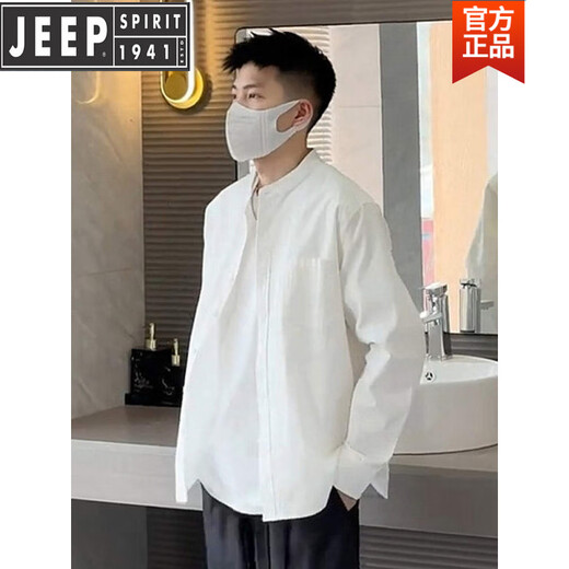 JEEP2025 Spring and Autumn Simple Henry Collar Casual Shirt Men's Fashion Old Money Style Loose Versatile Textured Long-Sleeved Top White M 100-130Jin Jin is equal to 0.5 kg