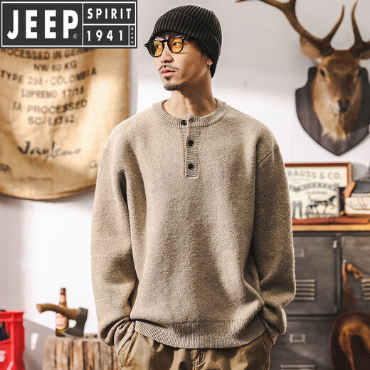 JEEP SPIRIT American retro 630g heavyweight sheep sweater men's winter Henry collar sweater thickened sweater jacket autumn and winter Khaki 630g heavyweight M suitable for 100-125Jin Jin equals 0.5 kg