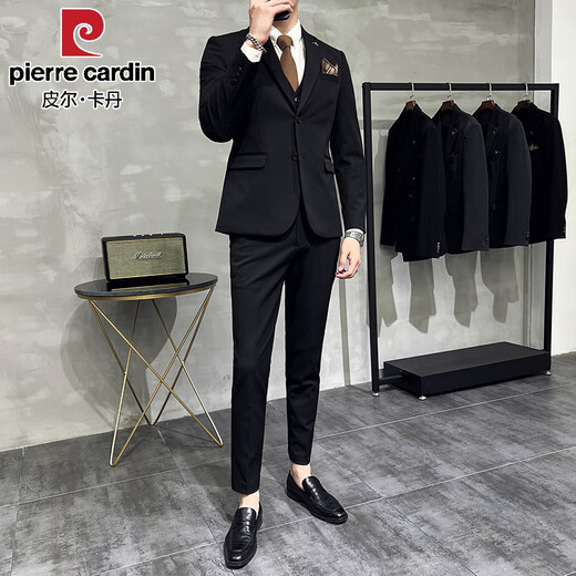 Pierre Cardin business casual single-breasted suit suit groom Korean style men's slim double slit small suit lapel collar formal suit black suit + trousers + vest free black tie XL