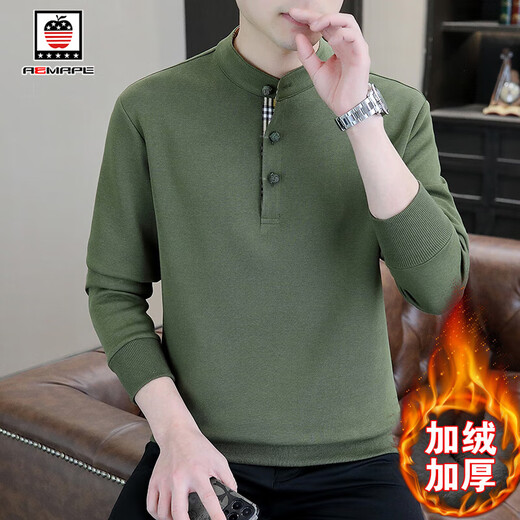 AEMAPE/American Apple Chinese Style Sweater Men's Henry Collar Spring Autumn Winter 2025 New Velvet Bottoming Shirt Autumn Clothes Military Green XL