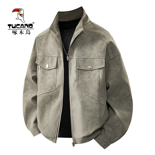 Woodpecker Jacket Men's Single Casual Jacket Trendy Slim Handsome Youth Autumn and Winter Fashion Motorcycle Leather Jacket Men's White Gray XL