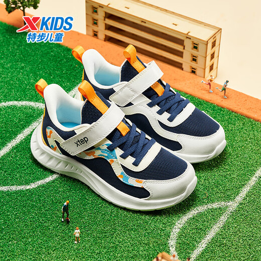 Xtep Children's Shoes Children's Mesh Sports Shoes Velcro Buckle Children's Lightweight Running Shoes Night Blue/Classic White 30