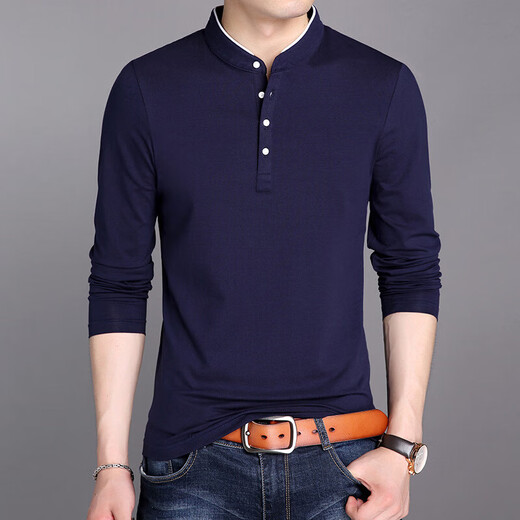 LAORENTOU pure cotton long-sleeved T-shirt men's stand-up collar bottoming shirt solid color versatile Korean version slim HM602 black 2XL 120/54 recommended 160-175Jin Jin equals 0.5 kg