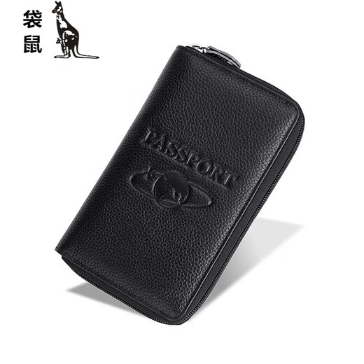 袋鼠（KANGAROO）护照包头层牛皮出国旅游钱包rfid护照本防盗刷卡位证件包 黑色