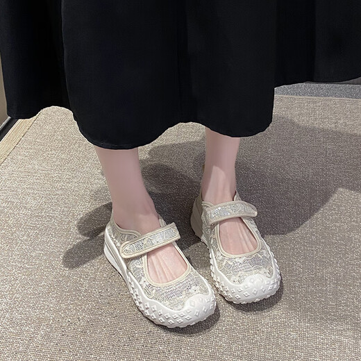 Mary jane zapatos individuales de encaje para mujer malla sin alivio sólido espesor Zapatos de pasos lentos sin deslizamiento zapatos madres casuales y de moda