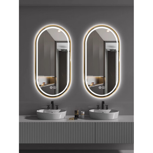Aluminum alloy frame long round runway smart mirror hotel bathroom wall-mounted touch screen LED light illuminated cosmetic mirror elegant black + white light + defog + time temperature 50x100 cm