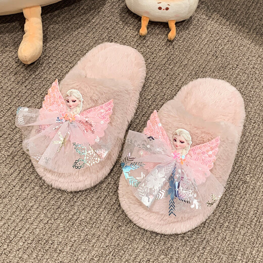SKONWAT children's winter plush plush slippers, fashionable new girls' Elsa Princess home flat heel Baotou warm cotton slippers, white, size 26-27, inner length 18cm