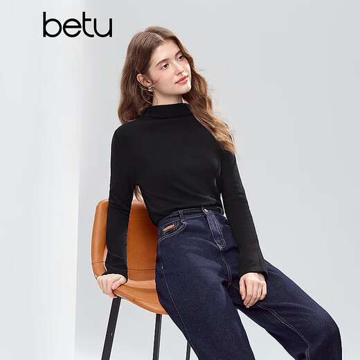 Betu women's 2025 winter new T-shirt elastic comfortable long-sleeved tops bottoming shirt simple inner wear for women 2510T96 black L