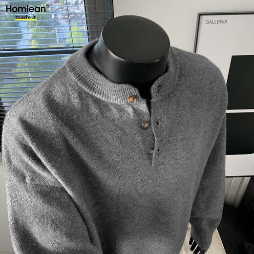 Homlean old money Henry collar knitted sweater men's advanced lazy style casual all-match top autumn HC19 dark gray L