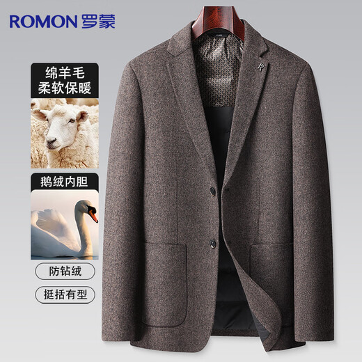 Romon Goose Down Sheep Wool Down Jacket Suit Men's Autumn and Winter Business Casual Woolen Short Single Suit Jacket