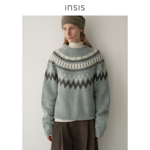 INSISFEMME Australian Merino sheep wool Nordic style literary retro Fair Isle round neck pullover knitted top Madrid Brown S