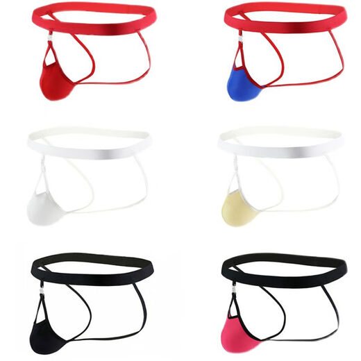 Men's ice silk thongs, silky, translucent, removable convex pouches, thin straps, highly elastic hip-revealing double thongs, sexy, black straps, rose red pouches, L waist 80-87cm