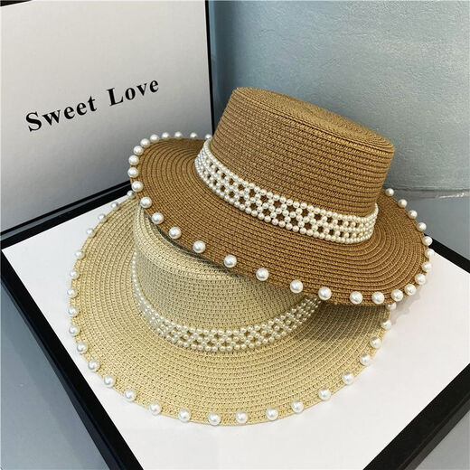 Ye Yu Hepburn style hat seaside beach hat pearl straw straw hat sun hat retro internet celebrity flat top hat summer black head circumference 55-58CM