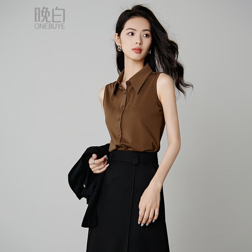 Late white new product 2026 spring layering artifact cotton lapel top simple and versatile commuting sleeveless shirt for women coffee color XL
