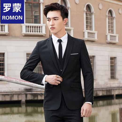 ROMON two-piece men's casual suit, slim two-button small suit, business professional formal wear, youth suit, professional suit, one-button black suit + trousers + vest M (100Jin Jin is equal to less than 0.5 kg)