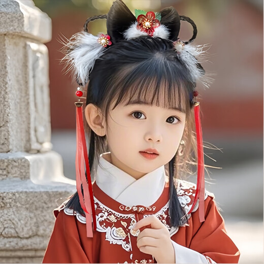 Mengdong children's wig braided hairband, ancient style tassel flower bun, girl's Hanfu headwear, one-piece lazy headband hairpin, pillow flower sleeping * 1 headband diameter 12cm, tassel about 20cm long
