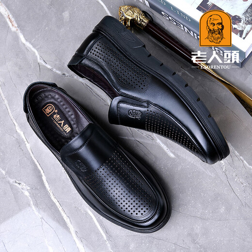 Laorentou Summer Old Man Sandals Мужские подлинные кожаные дышащие впальные впальные деловые повседневные черные 9913 Полая модель 38