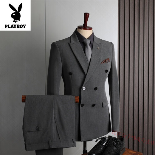 Playboy Suit Men's Double Breasted Business Casual Stretch Suit Three Piece Groom Wedding Dress Double Striped Black (Top + Pants + Vest) Free Shirt + Tie + Leather 2XL Weight (153-165Jin Jin is equal to 0.5kg)