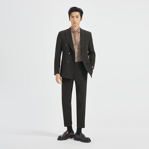 Lilang Shopping Mall Same Style SMART Suit Men's Double-Breasted Suit Nine-Point Pants Suit Striped 2025 Autumn Dark Brown Gray (25QXF251SA) 175A