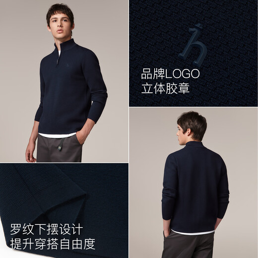 HAZZYS Men's Autumn and Winter Knitted Cardigan Men's Half-Open Zipper Pullover Men's Sweater ABYZD0BDDF1 Navy Blue NV L (175/96A 48)