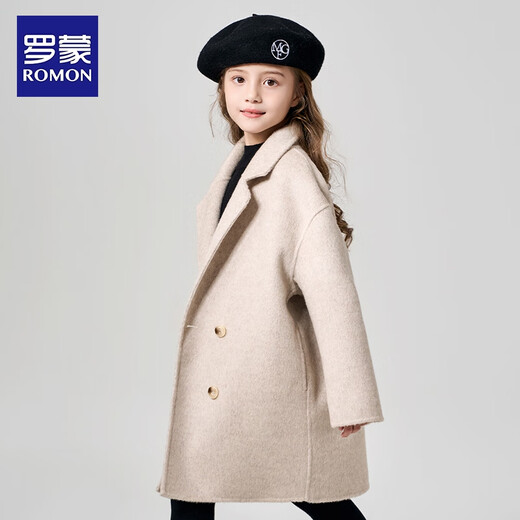Luo Meng girls double-sided wool coat autumn and winter style children's style mid-length thick woolen coat milk tea white 130