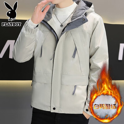 Playboy Men's Thin Down Jacket Thickened Warm Trendy Brand Hooded Work Jacket Student Handsome Casual Jacket 915 Meter Gray (Down Jacket) L 110 to 125 Jin Jin equals 0.5 kg