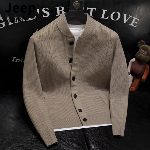 JEEP SPIRIT2025 Autumn and Winter New Solid Color Stand Collar Knitted Cardigan Jacket Men's Versatile Sweater Henry Collar Sweater Caramel Color M 100-115Jin Jin is equal to 0.5 kg