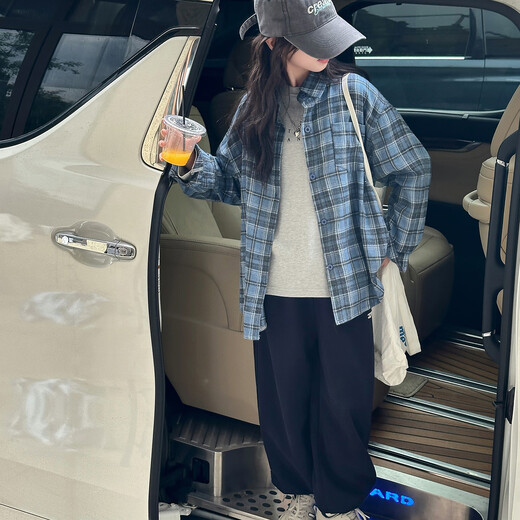 THINKPIRE Girls' Shirt Long Sleeve Children's Plaid Shirt Jacket 2026 New Girls Spring Clothes Fashionable Children's Clothes Thin Top Blue Size 150 Recommended Height 145CM