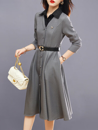 Nosskiss Luxus High-End-Marke Langarmed Kleid für Frauen 2025 Herbst und Winter Neues High-End-Temperament Slim und Chic Shirt Rock Grey L.