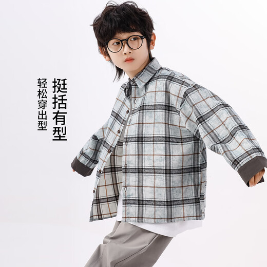25 years of contrasting plaid loose shirt for boys in spring and autumn, versatile classic casual and comfortable top for older children, blue gray 130