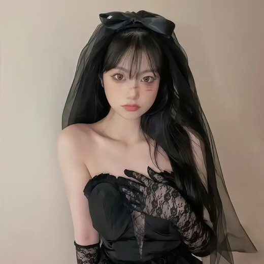 Fanshizhe Black Bow Halloween COS Veil Hairpin Bridal Photo Decoration Black Puffy Certificate Photo Props Double-layer Ribbon Bow Veil One Pack