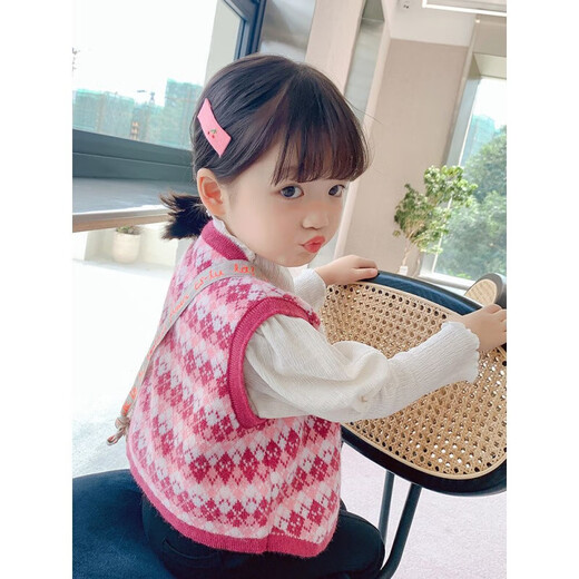 Girls Sweater Vest 2025 Spring and Autumn New Style Children's Knitted Vest Baby Retro Jacquard Cardigan Top Black BF074 Classic Diamond Vest 120