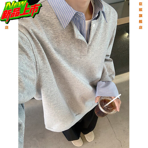 Chenpin fake two-piece sweatshirt lapel long-sleeved shirt men's autumn versatile inner layering henley bottoming shirt casual jacket gray XL