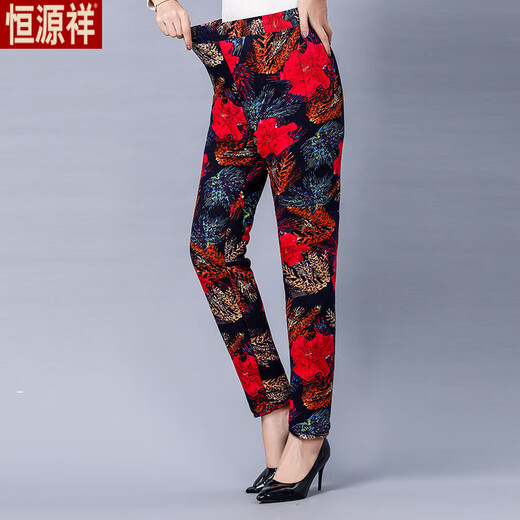 Hengyuanxiang middle-aged and elderly women's trousers, winter clothing, elderly grandma's warm cotton trousers, high-waisted velvet thickened mother's flower pants for outer wear in winter, new colors four, three-layer velvet thickened cotton trousers 4XL recommended 140-160Jin Jin equals 0.5 kg