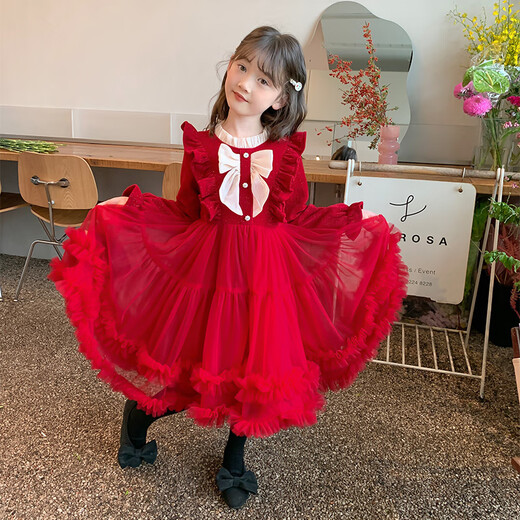 Nisha Beier Girls Dress Autumn and Winter 2025 New Velvet Winter Girls Red New Year Clothes Children Red 130