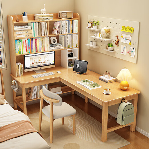 Huixun solid wood corner table desk bookshelf integrated bedroom 7-shaped L-shaped wall office computer desk bookcase combination study table walnut color #desk + bookshelf 140cm*60cm*190cm auxiliary seat length 120cm
