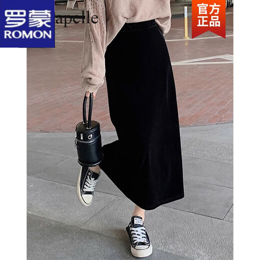 Luo Meng Golden Velvet Skirt Women's 2024 Autumn and Winter Korean Style Casual Temperament Slim Long Versatile Hip-covering A-Line Skirt Black XL