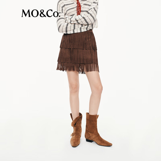 
MO/Co. Short Skirt 2025 Autumn New Product Bohemian Brown Velvet High Waist Tassel Cake Skirt Skirt MBE3SKT041 Dark Brown M