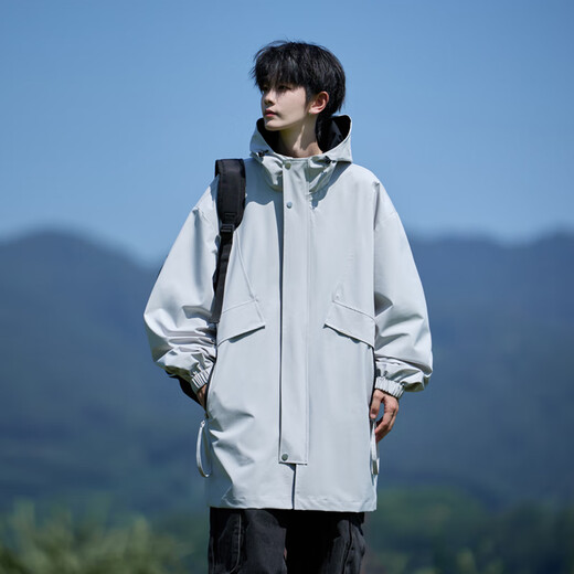 NYING American hooded windbreaker jacket men's 25 autumn and winter new fashion brand outdoor workwear mid-length loose casual top black XL (120-140Jin Jin equals 0.5kg)