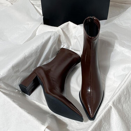 Mac Jabags Brown Short Boots Women's High Heels Autumn and Winter New French Small Ankle Boots Back Zipper Elastic Pointed Thick Heel Slim Boots Black Heel Height 7cm Velvet Lining 34