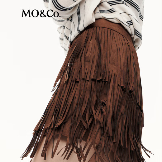 
MO/Co. Short Skirt 2025 Autumn New Product Bohemian Brown Velvet High Waist Tassel Cake Skirt Skirt MBE3SKT041 Dark Brown M