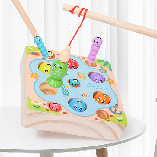 SANGTY children's fishing magnetic toys early education games intelligence boys and girls magnetic set three-dimensional fish box wooden fishing and catching insects game (solid wood thickness)