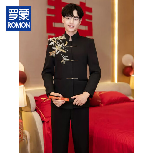 ROMON New Chinese Style Xiuhe Suit Men's Chinese Style Black Mao Suit Wedding Dress Groom Men's Stand Collar Tang Suit Golden Bamboo Leaf Style-Top + Pants M