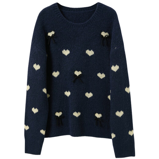 Sancai 2025 new winter sweater bow love jacquard loose pullover sweater casual retro M navy blue M 160/84A