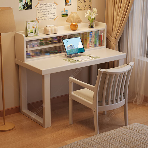 Huixun solid wood desk and bookshelf integrated bedroom simple computer desk home large board study table small apartment student writing desk ivory white #desk + bookshelf 120cm*60cm*75cm total height 109cm