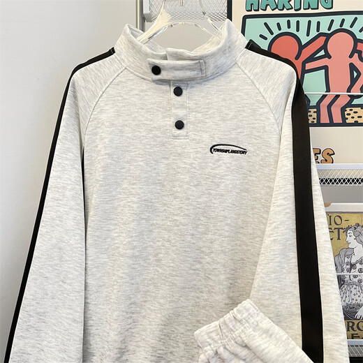 Capti Spring and Autumn Outdoor Striped Texture Sweatshirt National Trend Henry Collar Cotton Sweatshirt Men's Training Long Sleeve Heavy Jacket Gray M