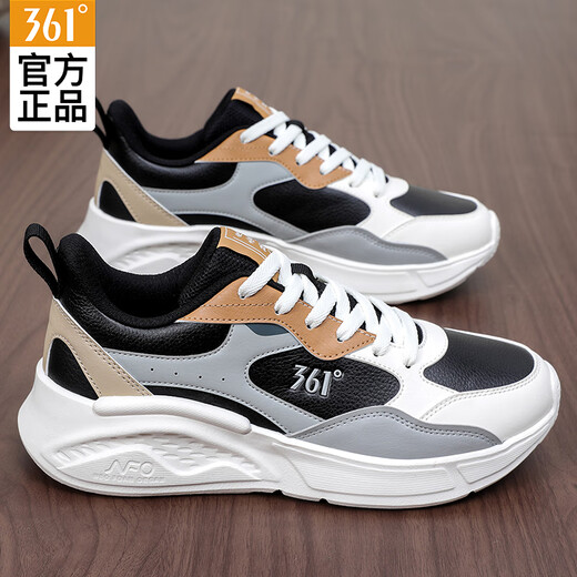 361 Men's Running Shoes Autumn and Winter Leather Non-Slip Men's Sports Shoes Wear-Resistant Shock Absorption Commuting Versatile Casual Shoes Obsidian Black/Cycle Gray Water-Repellent 42