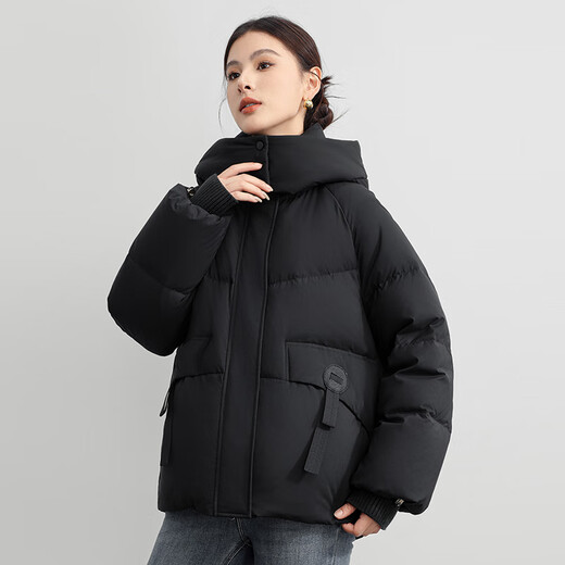 Flying in the snow short down jacket for women 2025 winter new hooded casual thickened warm 90 velvet jacket trendy black M