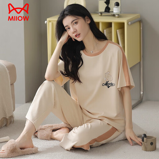
Catman (MiiOW) pure cotton pajamas for women short-sleeved trousers in summer Korean style women round neck suit thin cotton outside home clothing RN9721# short-sleeved trousers pure cotton M (80-100Jin [Jin equals 0.5 kg])
