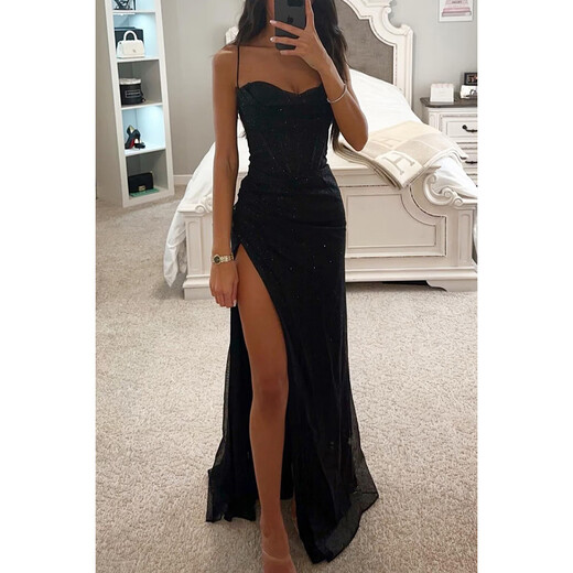 Women's fashionable and sexy European and American temu hot-selling dress long dress banquet evening dress black M